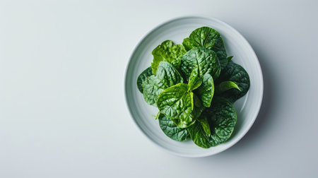 Fresh spinach leaves in a bowl on a white background, top viewの素材