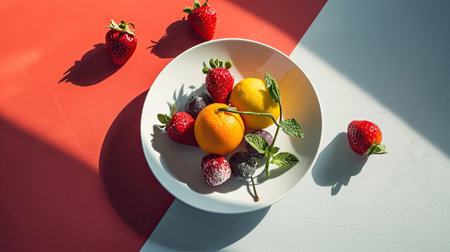 Strawberries and oranges in a plate on a red and white backgroundの素材