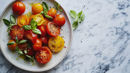Cherry tomatoes with basil and olive oil on white marble background.の素材