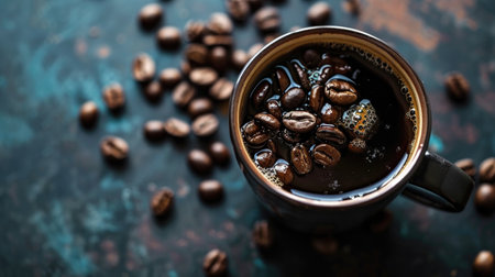 Coffee beans and cup of coffee on dark rustic backgroundの素材