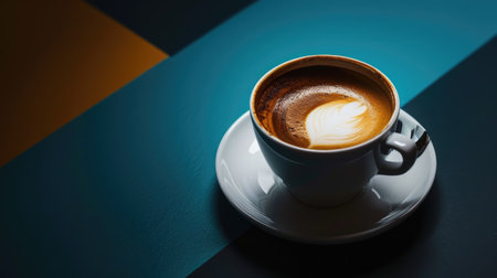 Coffee cup with latte art on blue and yellow backgroundの素材