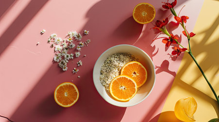 Flat lay of bowl with oatmeal, orange and flowers on colorful backgroundの素材