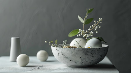 Easter still life with white eggs in a ceramic bowl on a gray backgroundの素材
