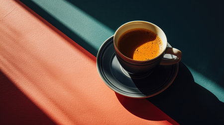 Cup of coffee on a colored background with shadows from the sunの素材