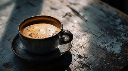 Coffee cup on wooden table in morning light, stock photoの素材