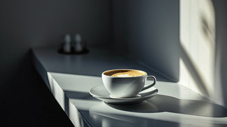 Cup of coffee on the table in the morning light with copy spaceの素材