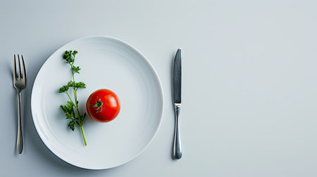 Tomato and parsley on white plate with knife and fork, top viewの素材