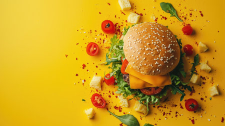 Delicious hamburger on yellow background, top view with copy spaceの素材