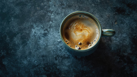 Coffee cup on dark background, top view, copy spaceの素材