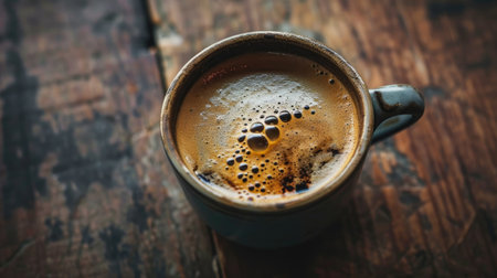 Coffee in a cup on a wooden table, top viewの素材