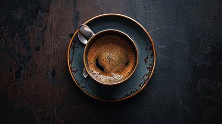 Cup of coffee on dark background, top view, copy spaceの素材