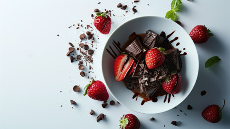 Plate with delicious chocolate mousse and strawberries on white background, top viewの素材