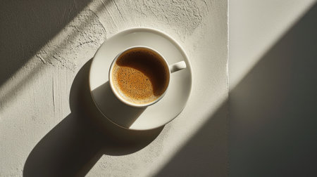 Cup of coffee on a white wall with shadow from the sunの素材