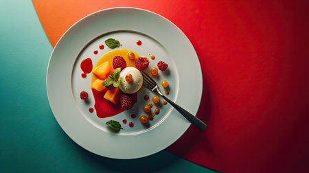 Fruit dessert with ice cream and berries on a red and green backgroundの素材