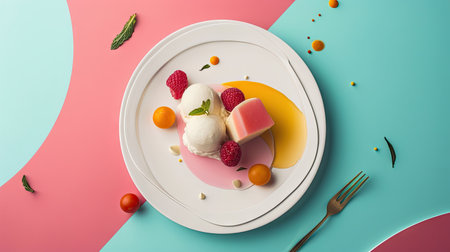 Ice cream with fruits on a colorful background. 3d rendering.の素材