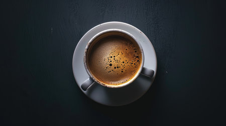 Cup of coffee on black background, top view, copy spaceの素材