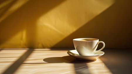 Cup of coffee on the table with sunlight and shadow on the wallの素材