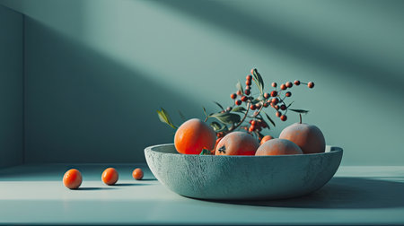 Orange persimmons in a ceramic bowl on the table. 3d renderingの素材
