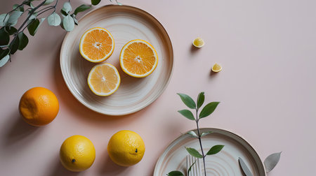 Oranges and lemons on a pink background. Minimal style.の素材