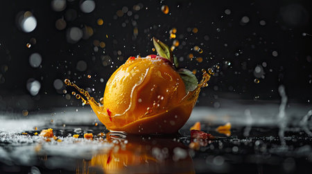 mango ice cream splashing on a black background with drops of waterの素材