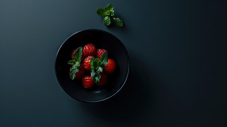 Strawberries in a bowl with mint leaves on a black backgroundの素材