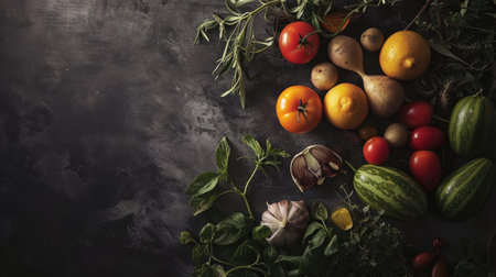 Fresh vegetables on dark background. Top view with space for text.の素材