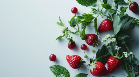 Fresh strawberries and cherries with mint leaves on a white background.の素材