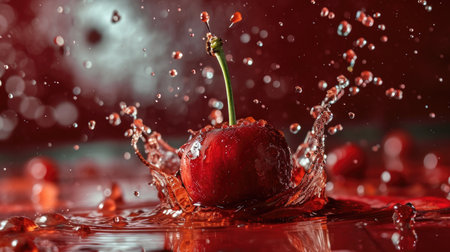 Cherry splashing in water with drops of water on a red backgroundの素材