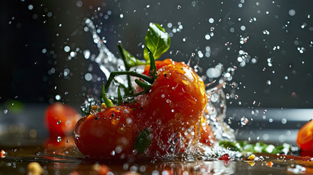 Fresh cherry tomatoes with water splash on dark background. Selective focus.の素材