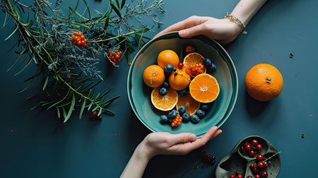 Female hands holding a plate with tangerines, blueberries, blackberries and red currants on a dark backgroundの素材