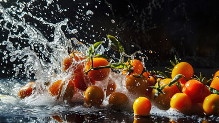 Fresh cherry tomatoes with splashes of water on a black background.の素材