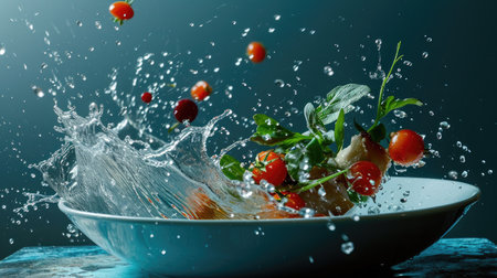 Fresh cherry tomatoes falling into water with splashes on blue background.の素材