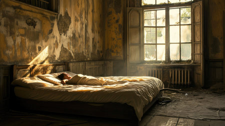 Man sleeping on the bed in an abandoned room with sunlight passing through the windowの素材