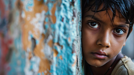 Portrait of a boy looking at camera while leaning against a wallの素材