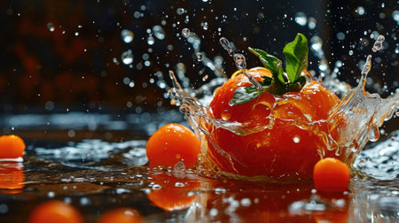 Fresh cherry tomatoes falling into water with splash and drops on black backgroundの素材