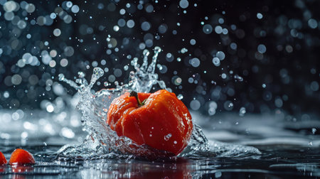 Water splash and tomato on dark background with bokeh effect.の素材