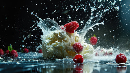 Fresh raspberries falling into the water with splash on black backgroundの素材
