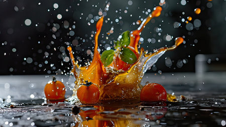 Falling cherry tomatoes and splashes of water on a black backgroundの素材