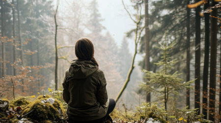 Woman sitting in the forest and looking at the misty forest.の素材