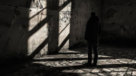 Silhouette of a man standing in an old abandoned building.の素材