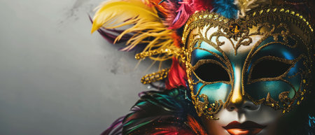 Mardi Gras mask with feathers on gray background, closeupの素材