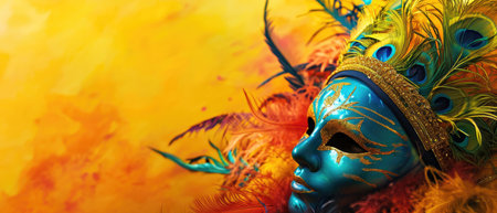 Colorful carnival mask with feathers on orange background. Copy space.の素材