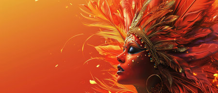 Beautiful carnival mask with feathers on a yellow background. Copy space.の素材