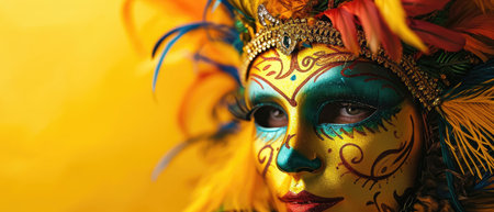 Close up of a beautiful woman wearing a colorful carnival mask.の素材