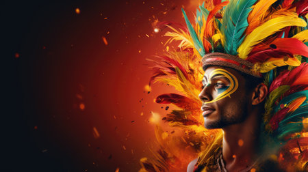 Portrait of a handsome man with colorful feathers on his head.の素材