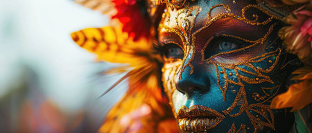 Close-up portrait of a beautiful woman with Venetian maskの素材