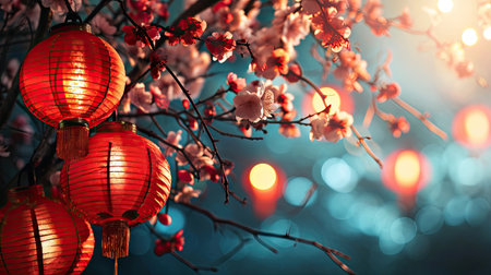 Chinese lanterns and cherry blossoms on a tree in the gardenの素材