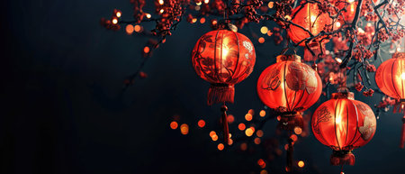 Hanging Chinese lanterns on a dark background. Festive decoration.の素材