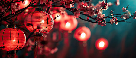 a couple of red lanterns sitting on top of a tree filled with lots of pink flowers in front of a blue sky. .の素材