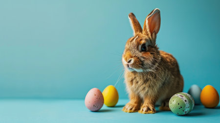 Cute little brown rabbit and easter eggs on blue background.の素材